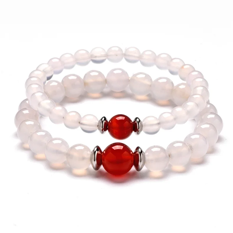 6mm 8mm Natural Black Onyx White Onyx Red Carnelian Agate Stainless Steel Spacer Couple Stone Stretch Bracelet