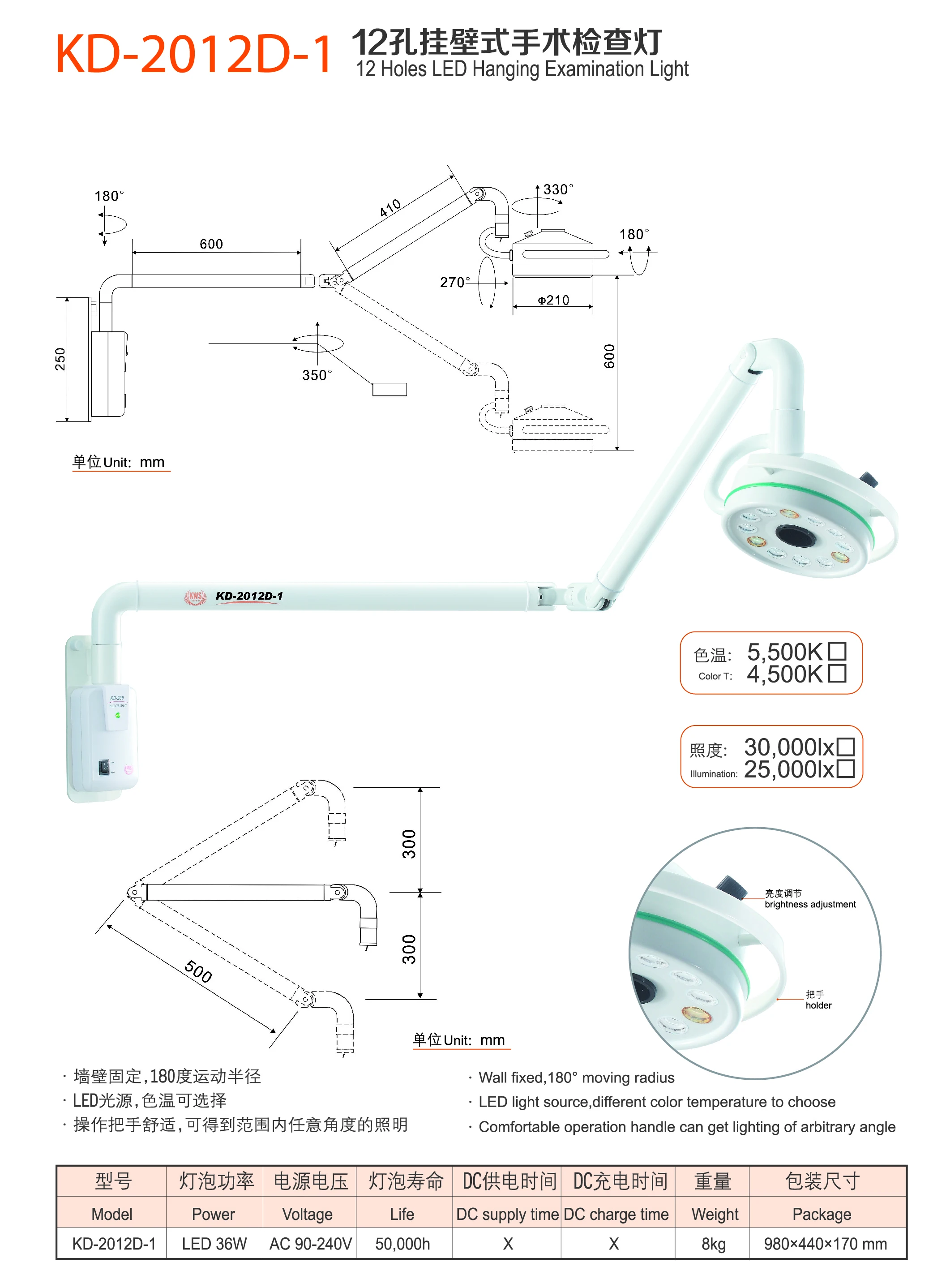 36W Wall Mounted Dental Lamp Surgical Oral Operating Implant LED Lamp Dental Oral Light Lamp  Medical Exam Light
