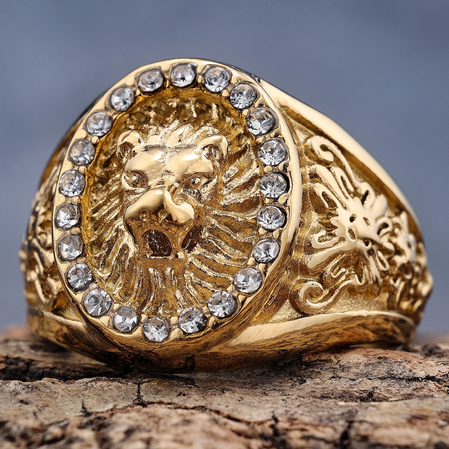 Ready to ship stainless steel gothic style gold crystal Lion Of Judah lion head signet animal rings for men women size 7-15