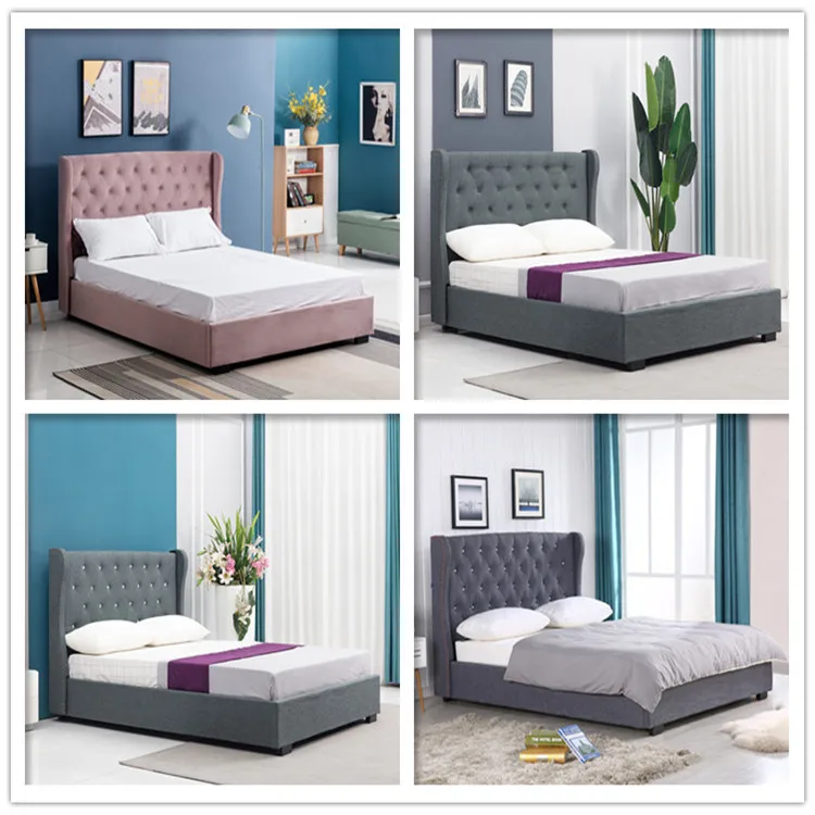 Tufted headboard upholstered fabric linen leather bed modern design bedroom twin double queen king size furniture