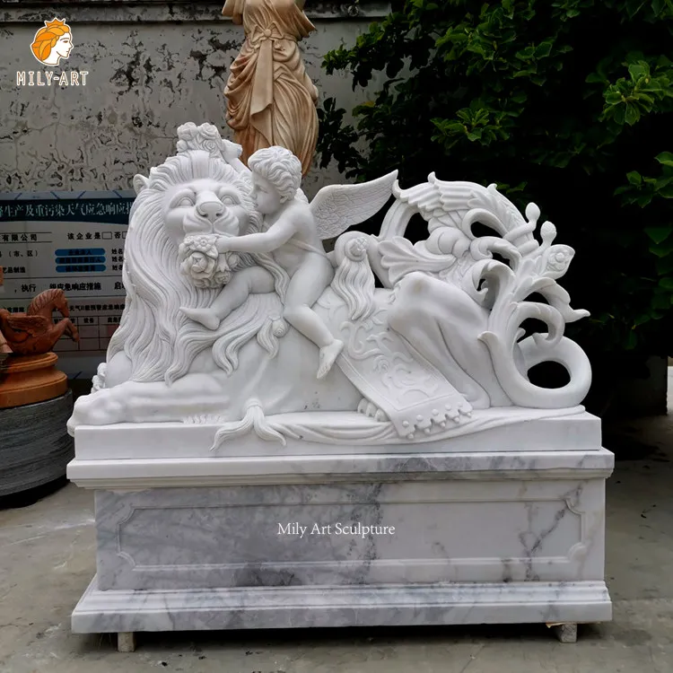 Manufactory Hot Sale Life Size Natural Marble Lion and Cherub Statue Garden Decoration