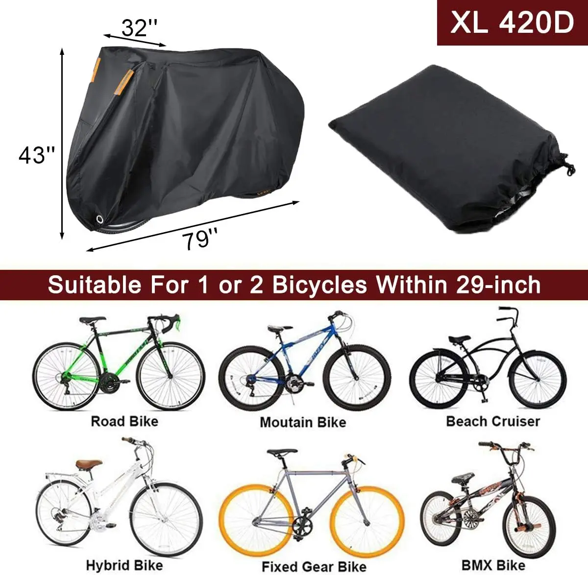Outdoor Waterproof UV Protection Polyester Tear Resistant Dust Bike Cover Heavy Duty Bicycle Cover for All-Season