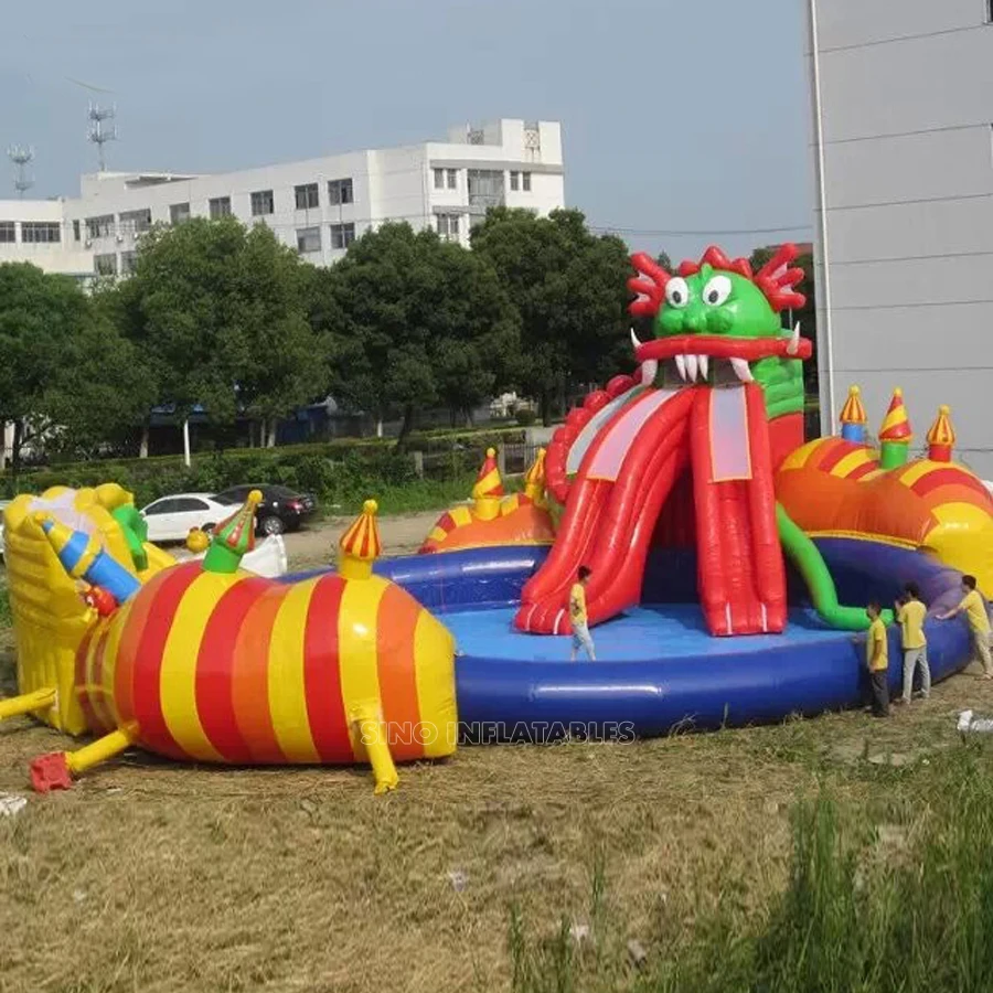 Китайский дракон горка дети и взрослые гигантский надувной аквапарк на земле с большим замком от китайской надувной фабрики