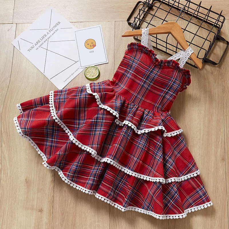 2019 hot sale children clothing European and American girls lace strap baby plaid fluffy cake dress