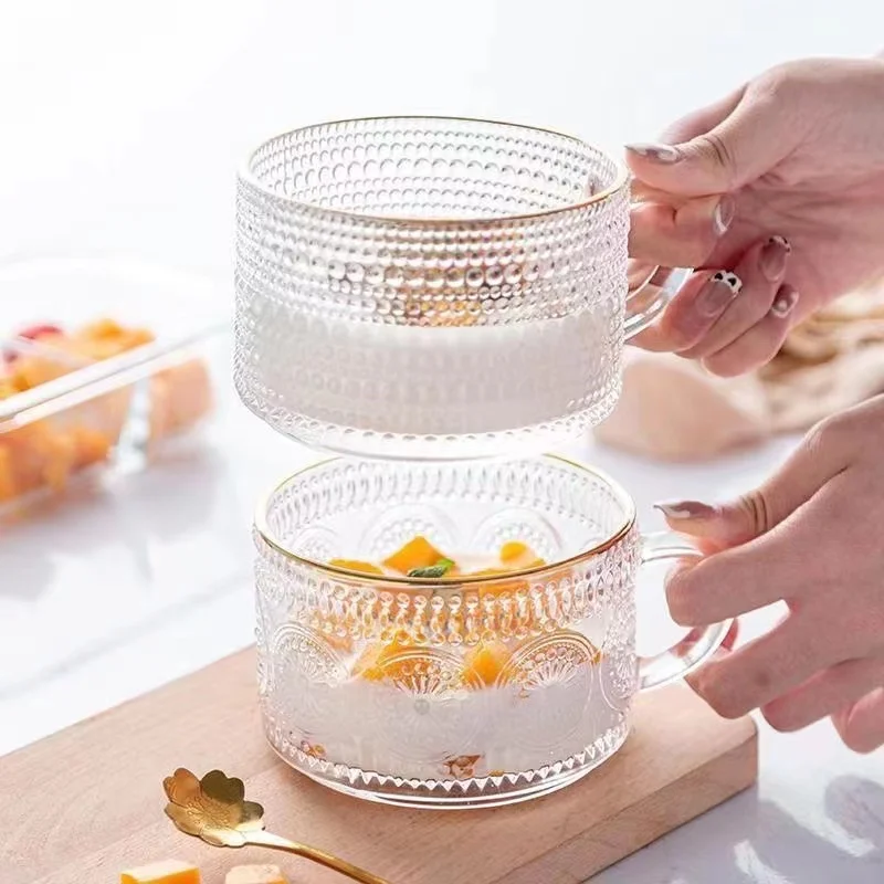 Transparent Vintage Glass Coffee Mug 14oz Suitable for Breakfast Dessert Sour Yogurt Embossed glassware with Handle Bulk Sale