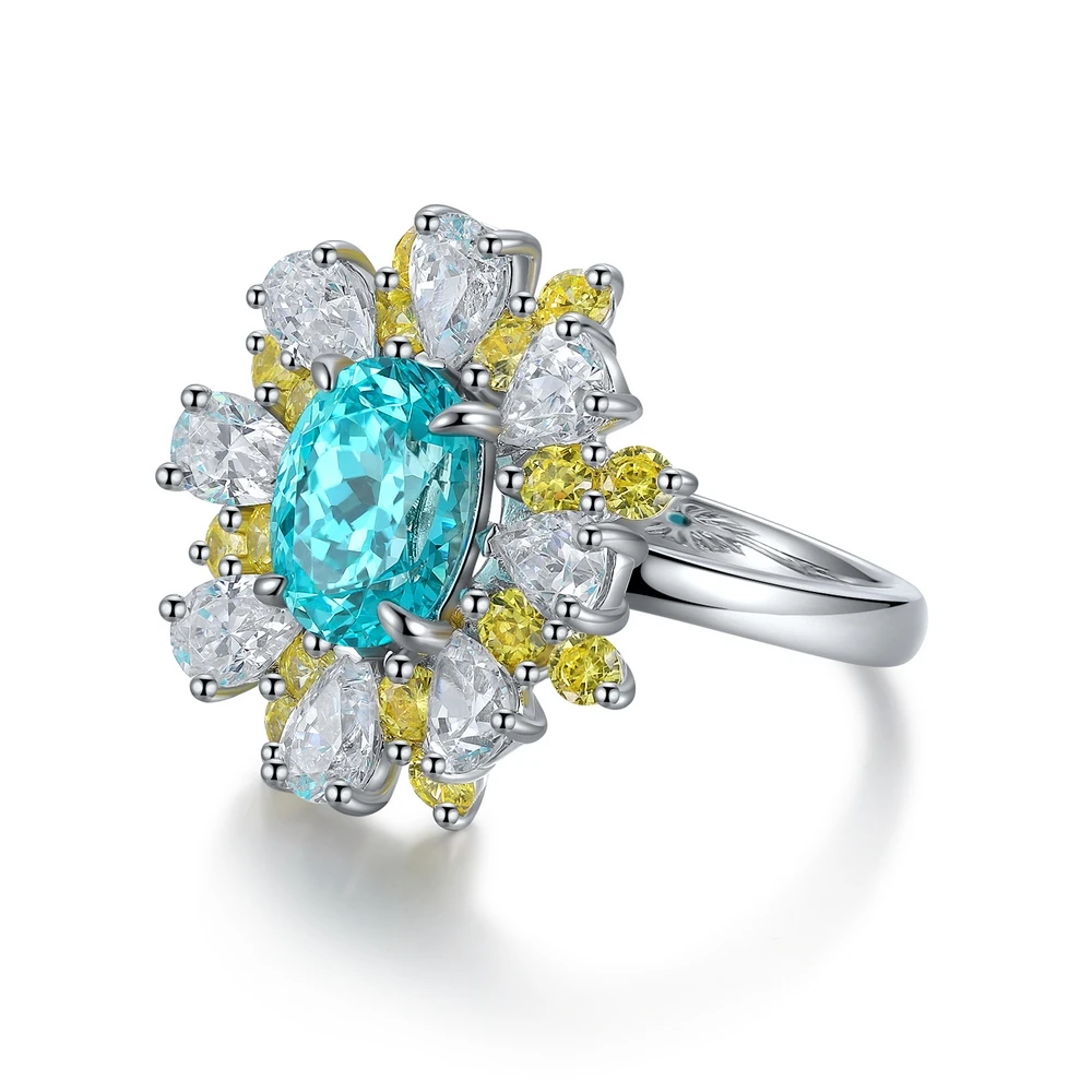 3ct Lab Grown Gemstone Neon Blue Paraiba Halo Ring Premium S925 Sterling Silver Halo Design Flower Luxurious Wedding Women Ring