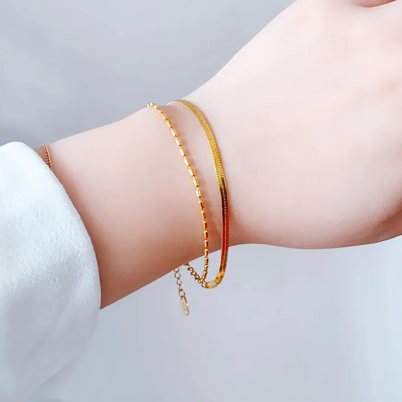 New Double Gold Snake Bone Bead Bracelet Small Fresh Snake Bracelet Small Overlap Wear Chain Bracelet