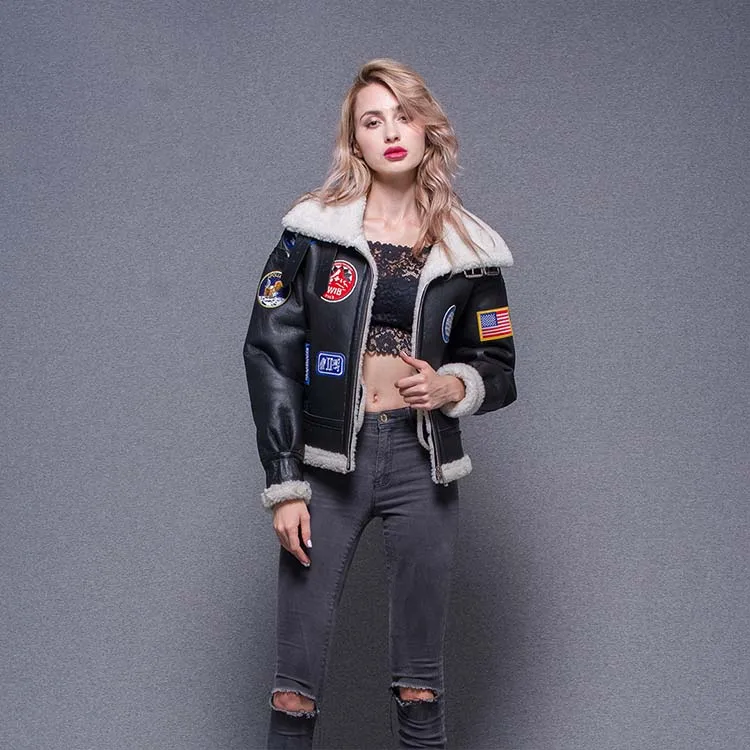 Customized High Quality Fashion  Fur Lined Sheepskin Jacket Warm Bomber Coat women Leather Jacket