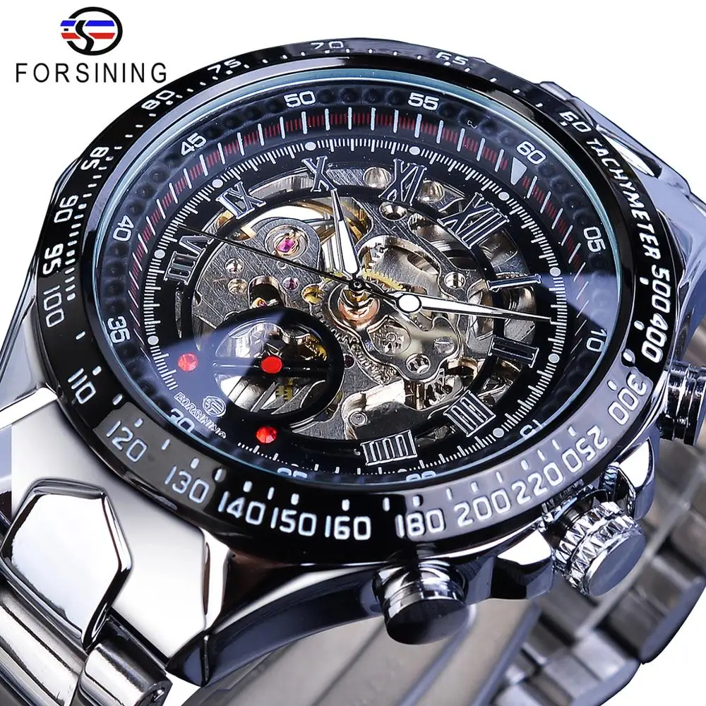 Forsining Men Transparent Case Open Work Silver Stainless Steel Mechanical Skeleton Sport Wrist Watch Men Top New Luxury Clock