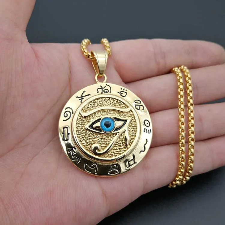 Eagle Head Round Gold Plated Egyptian Protection Necklace Eye of Horus Pendant