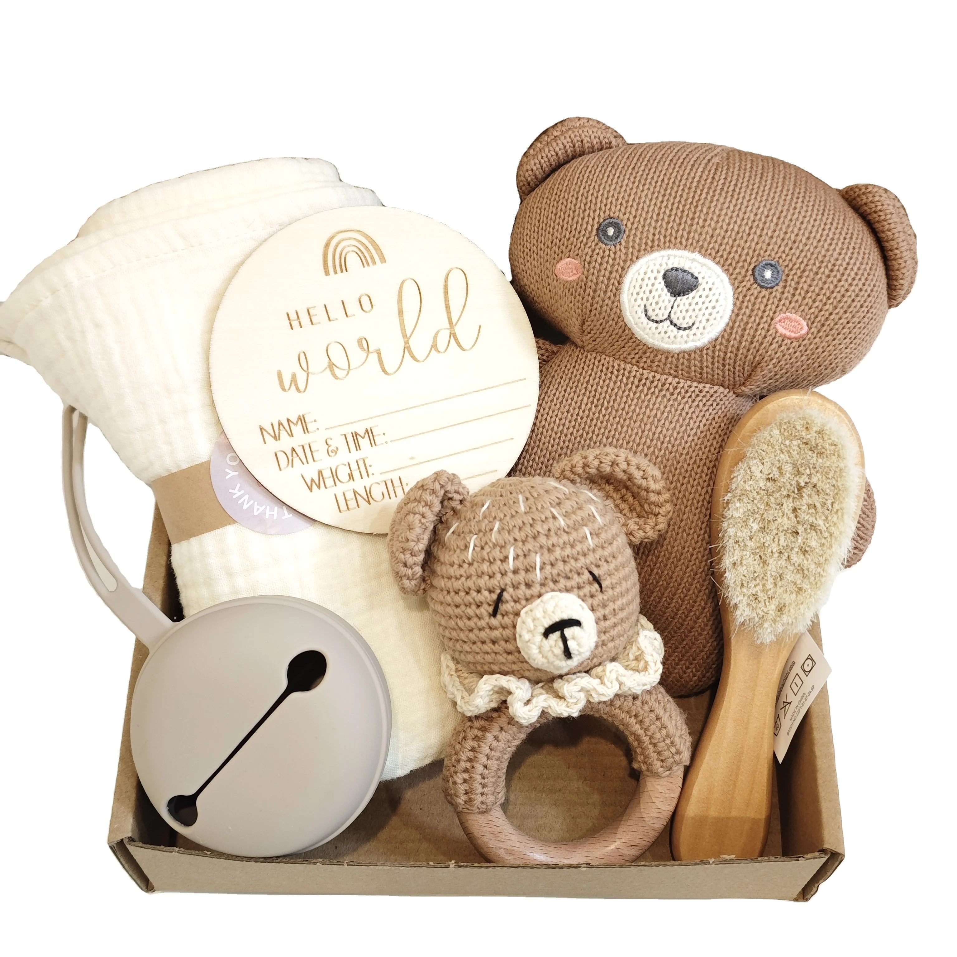 Hello World Baby Gift Set 2024 ETSY TOP 1 Soft Muslin Comforter Blanket Milestone Cards Bath Towel Teething Toy Rattle Soft Toy