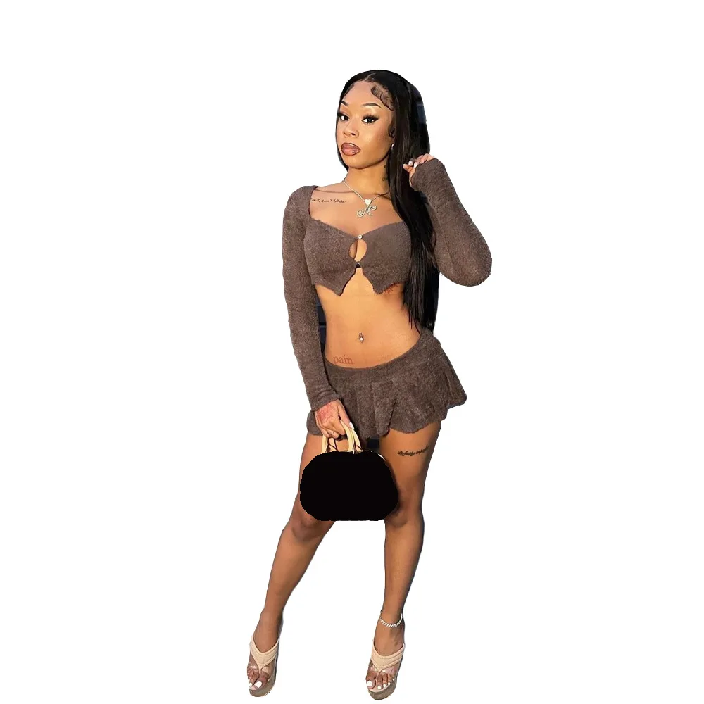 2024 new arrival spring ladies clothes long sleeve top match skirts sexy teddy summer women 2 piece mini skirt set