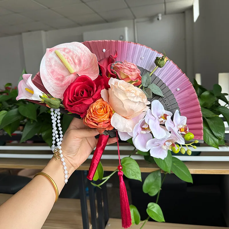 Bridal bouquet Folding Handheld Fan Chinese Style Flower Bridal Hand Fan