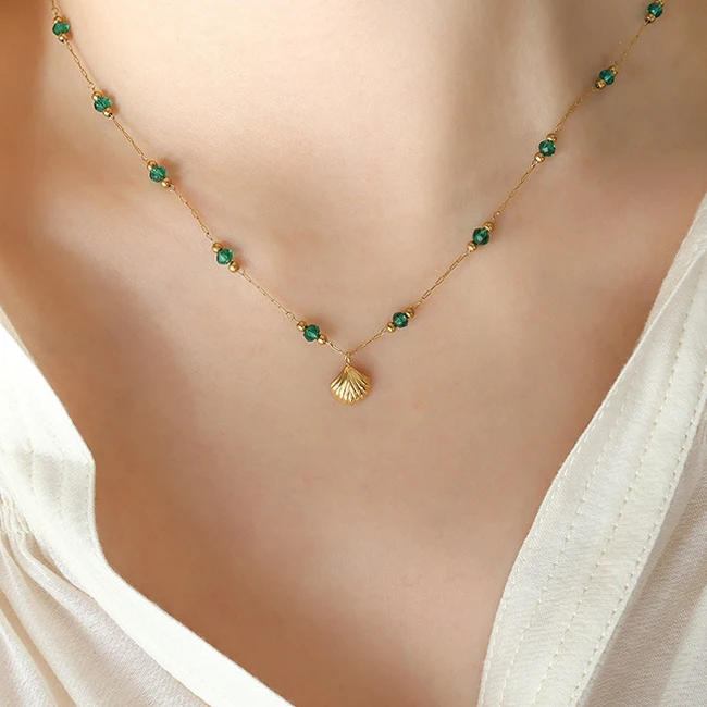 Изумрудный Кристалл морской ракушки ожерелье из нержавеющей стали ювелирные изделия для женщин 18 карат Позолоченные водонепроницаемые ювелирные изделия collier femme