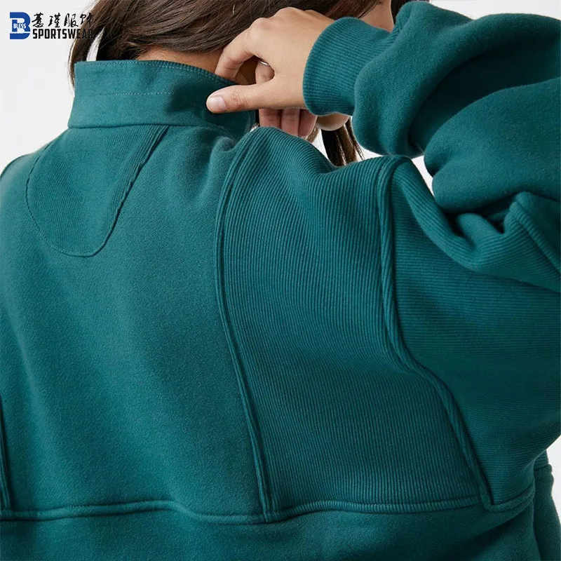 Custom Women Supplier Fall Heavyweight Pullover Warm Cotton Blank Cropped Oversized Crew Neck Jogging Zip Sweatshirt