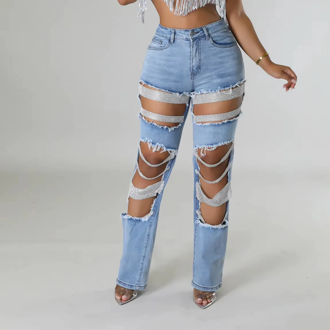 A9099 European And American Styles Women Long Pants Cutout Plus Size Ladies Jeans Pants
