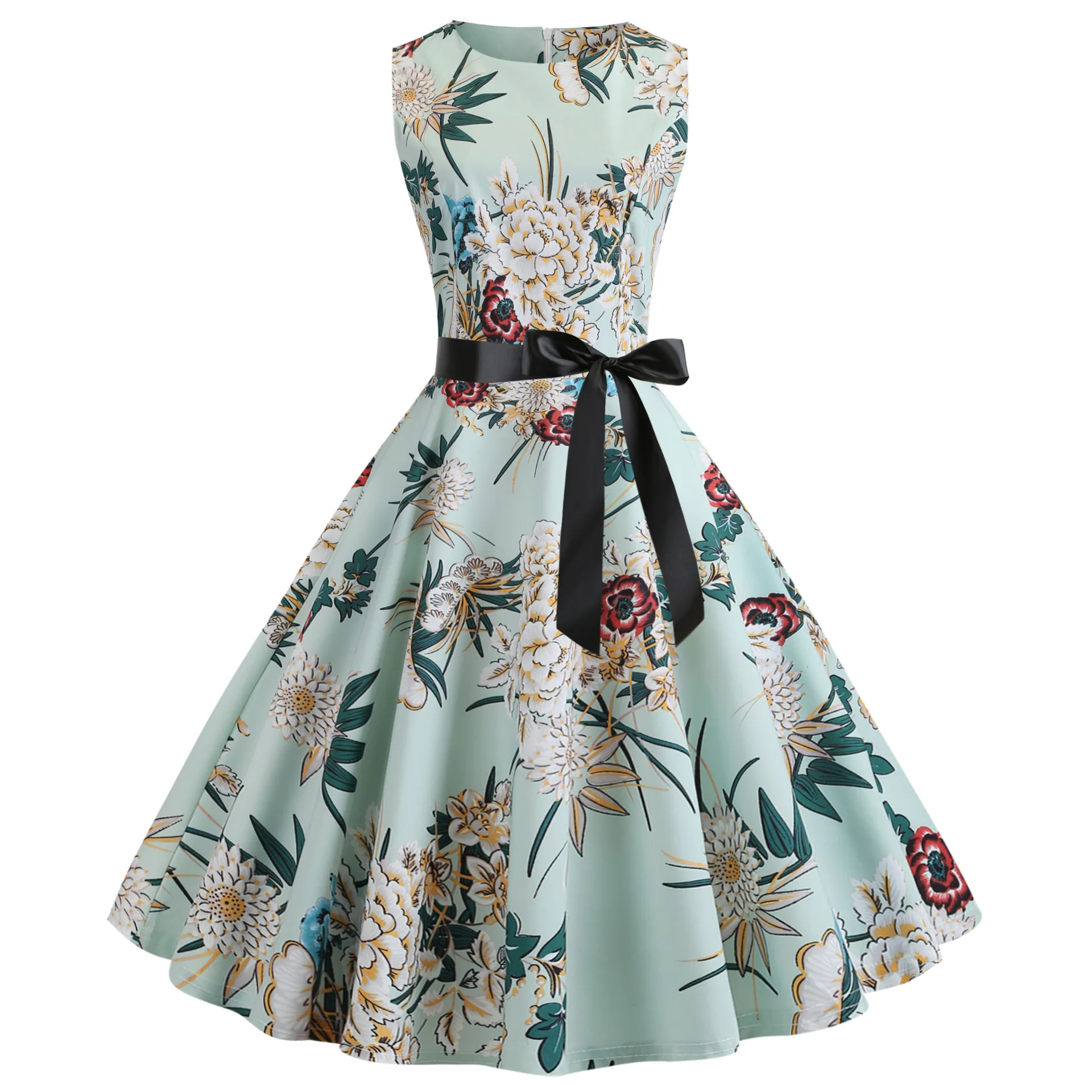 Free bow belt burst Hot Selling Blast Women Vintage Hepburn Wind Sleeveless Waistprint maxi casual women Dresses