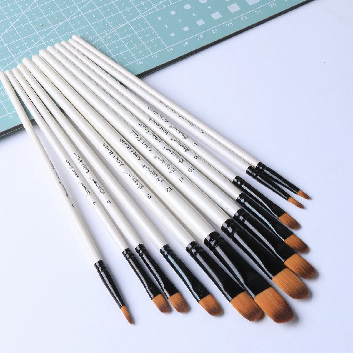 Giorgione 12pcs White Wood Handle Nylon Hair Paintbrush Watercolor Acrylic Oil Brushes For Artist Painting Wholesale
