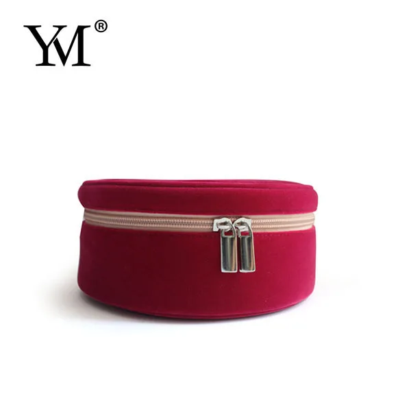 Round shape beauty cosmetic case bag red small convenient carry velvet cosmetic make up bag