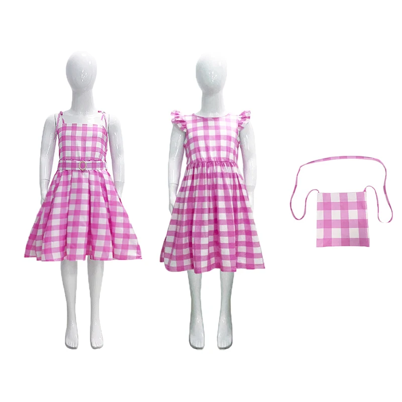 Halloween Girls Pink Plaid Dress for Kids Cosplay Costumes with bag 3-14 Year