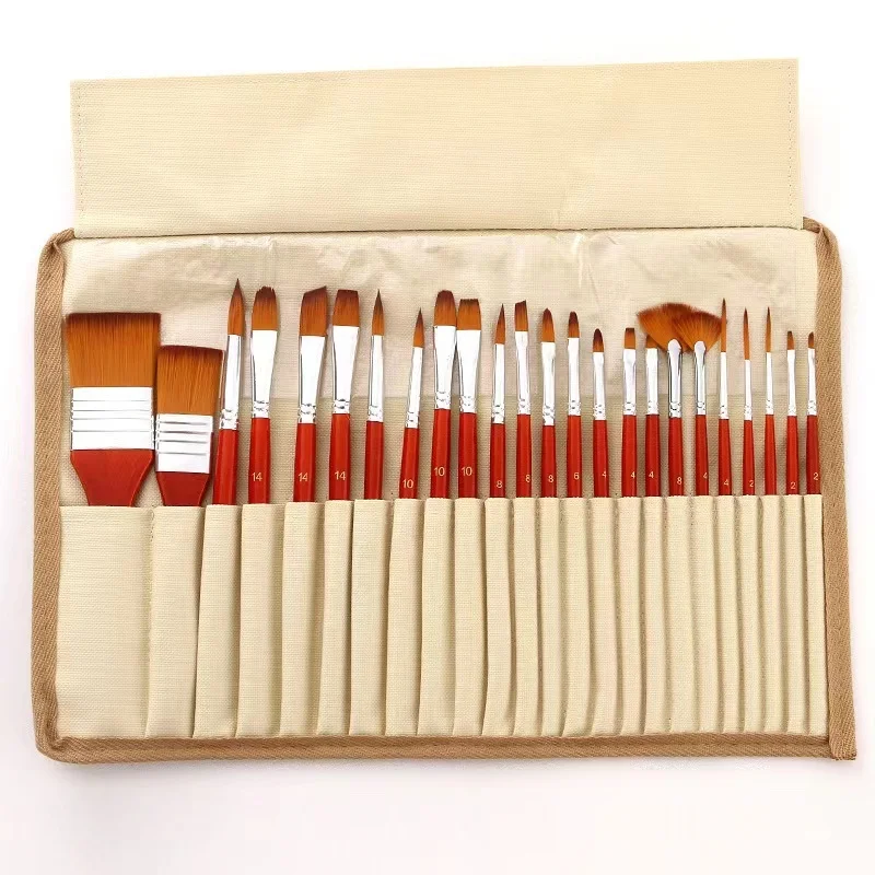 24pcs professional nylon hair wooden handle watercolor gouache oil painting brush pen with canvas bag