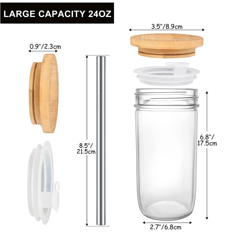 Reusable 24 oz Bubble Tea Cup Wide Mason Mug with Bamboo Lid and Stainless Straw Glass Smoothie Cups