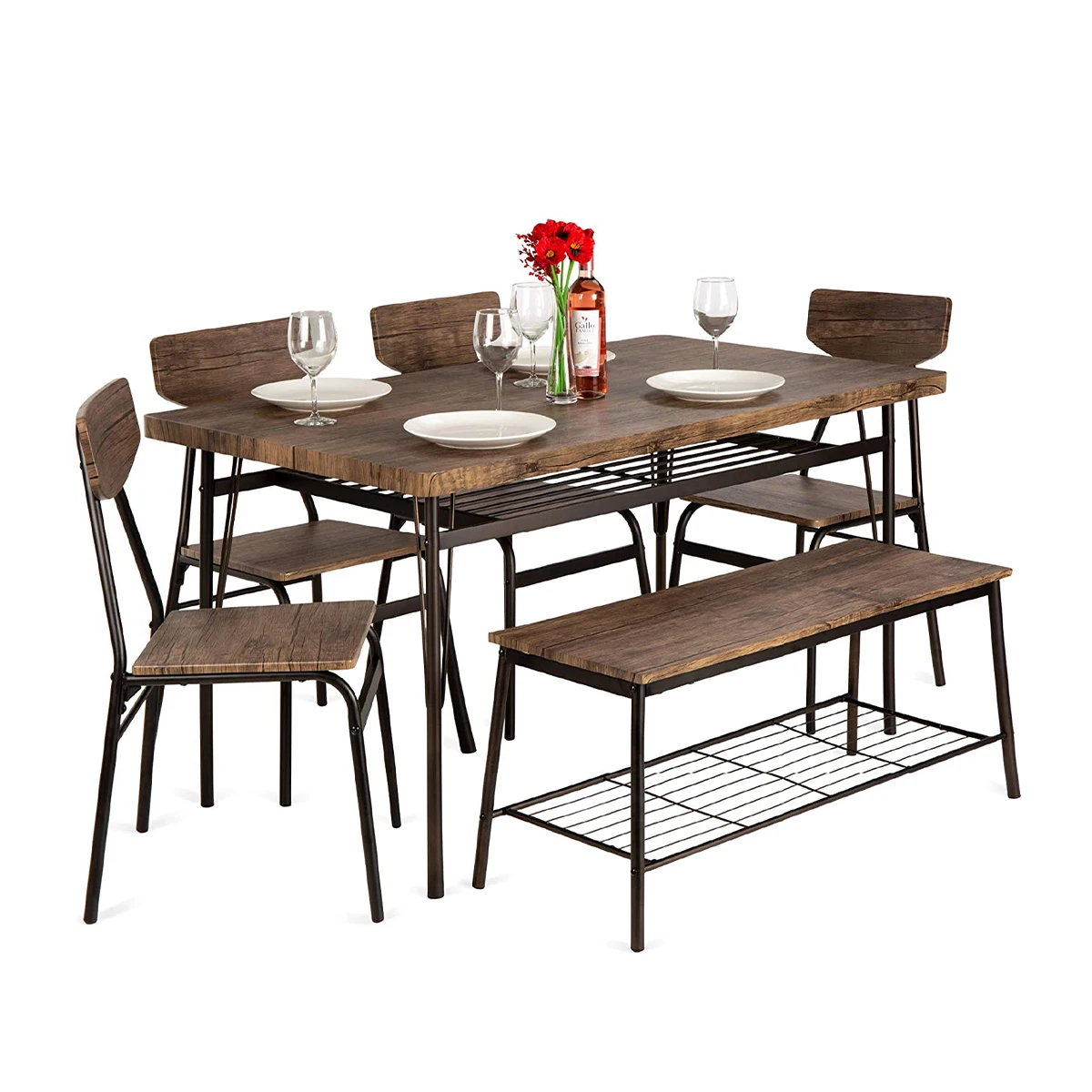 Cheap Wholesale Dining Table Set With 4 Chairs 6 Seaters Modern Metal Wooden Table Dining Room Set