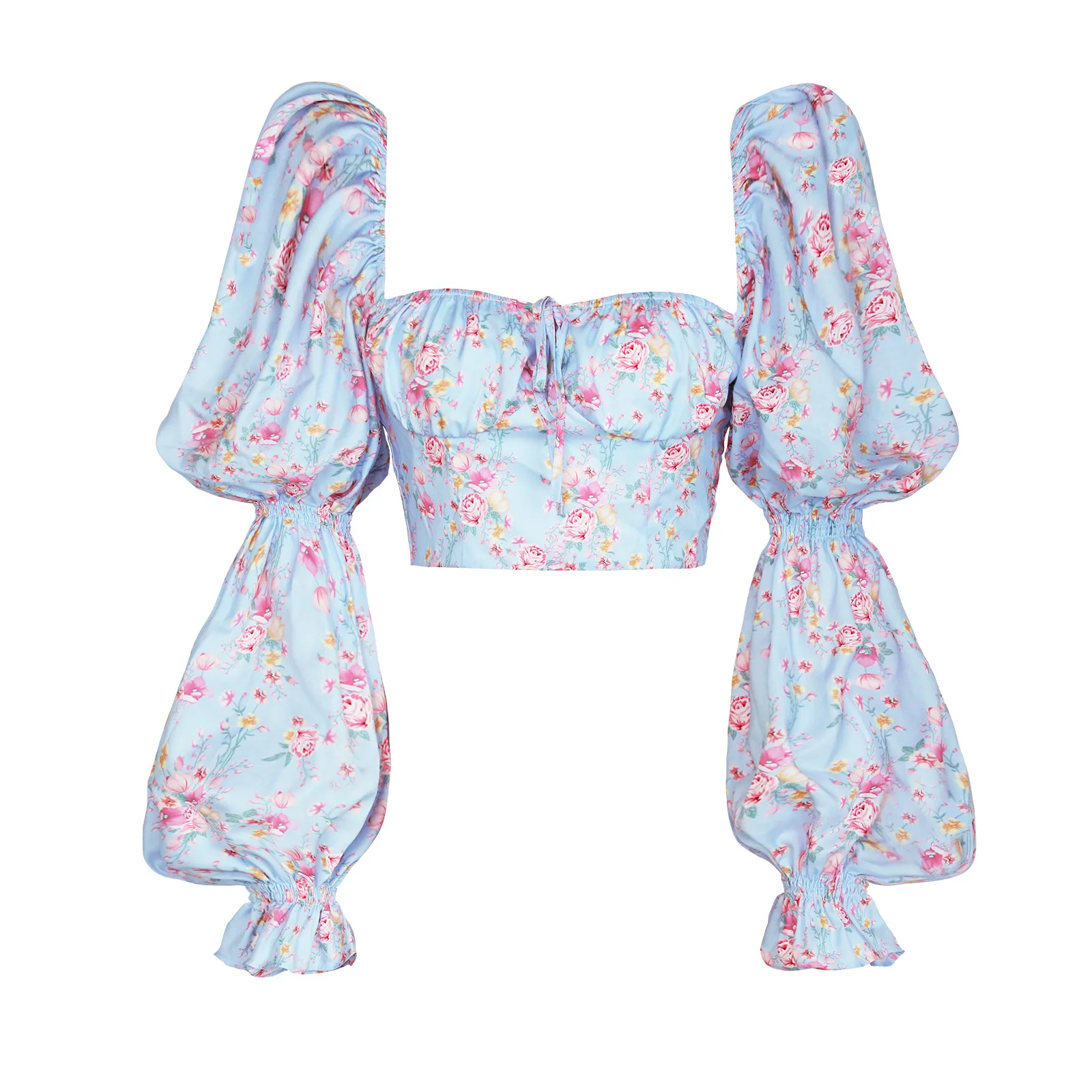 Floral Printing Sexy Square Collar Long Sleeve Top Puff Long Sleeve Corset Tops Ruched Lace Up Blouse Women Tops