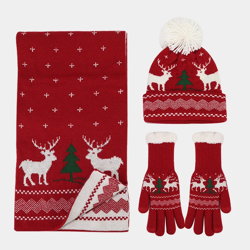 European American Elk Jacquard Three-Piece Set Cold-Proof Christmas Hat Scarf Gloves for Autumn Winter Warm Knitted Beanie Suit