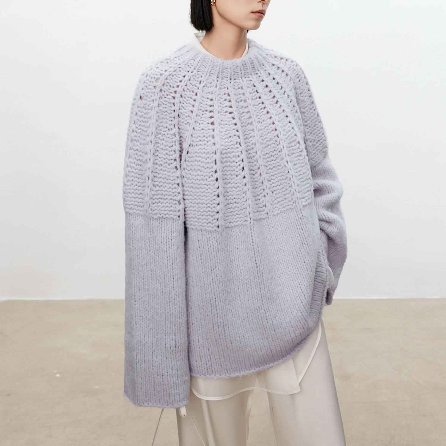 Kingsun OEM ODM custom design  women round neck purple winter wool clothing custom knit sweater thick knit top