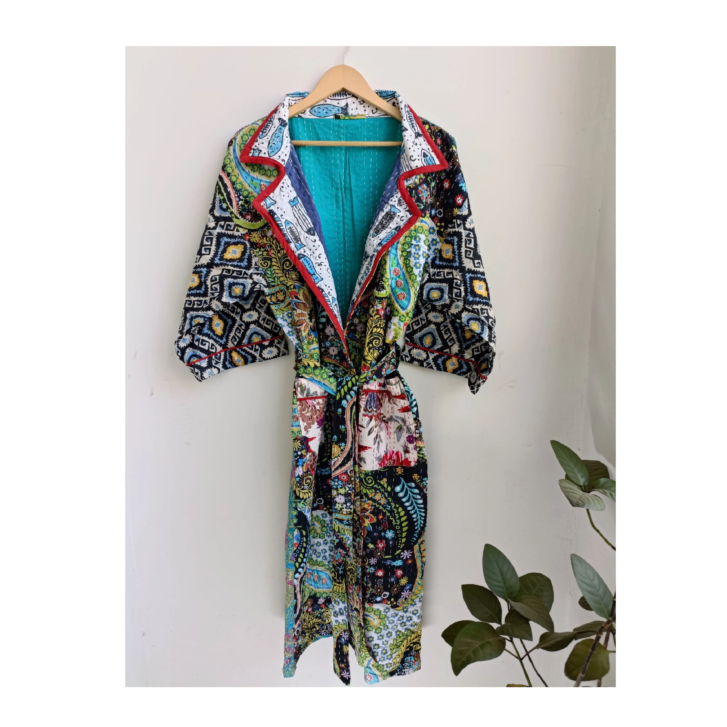 Indian Kantha Printed Robe Gown Women Boho Maxi Long Kimono Dress Sleepwear at Wholesale Price from India