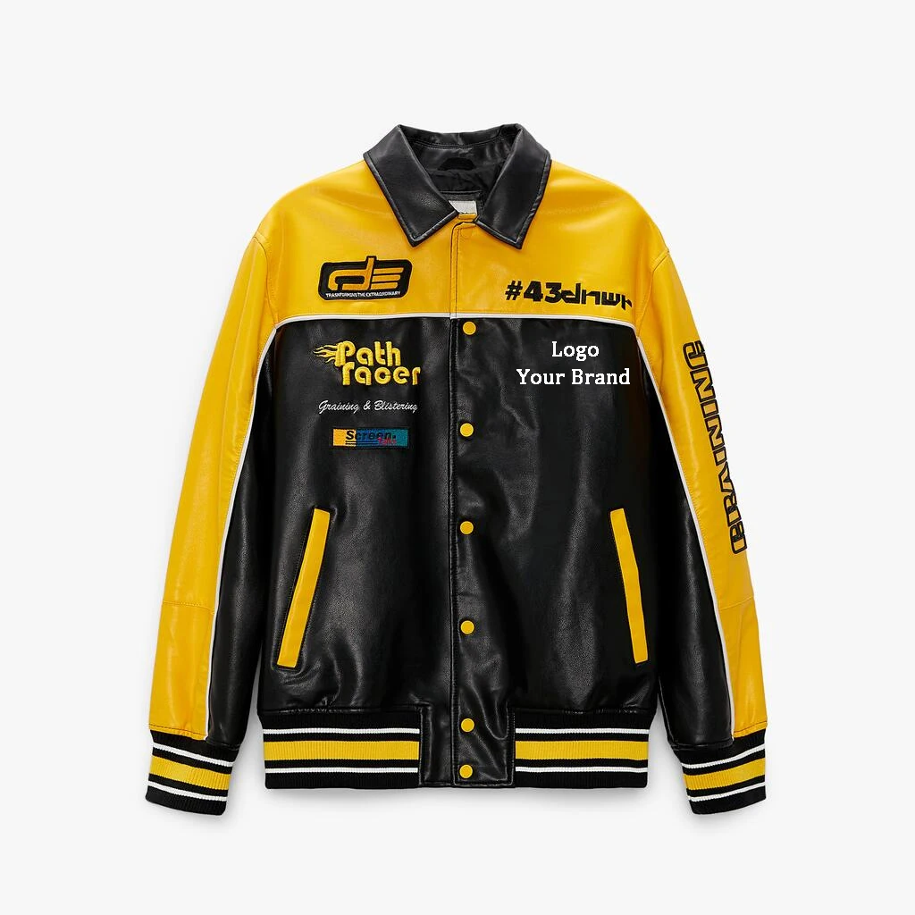 Wholesale Vintage Custom Winter Jackets Turn-Down Collar Ribbed Trim Patches Puff Print Leather Mens Varsity Jacket