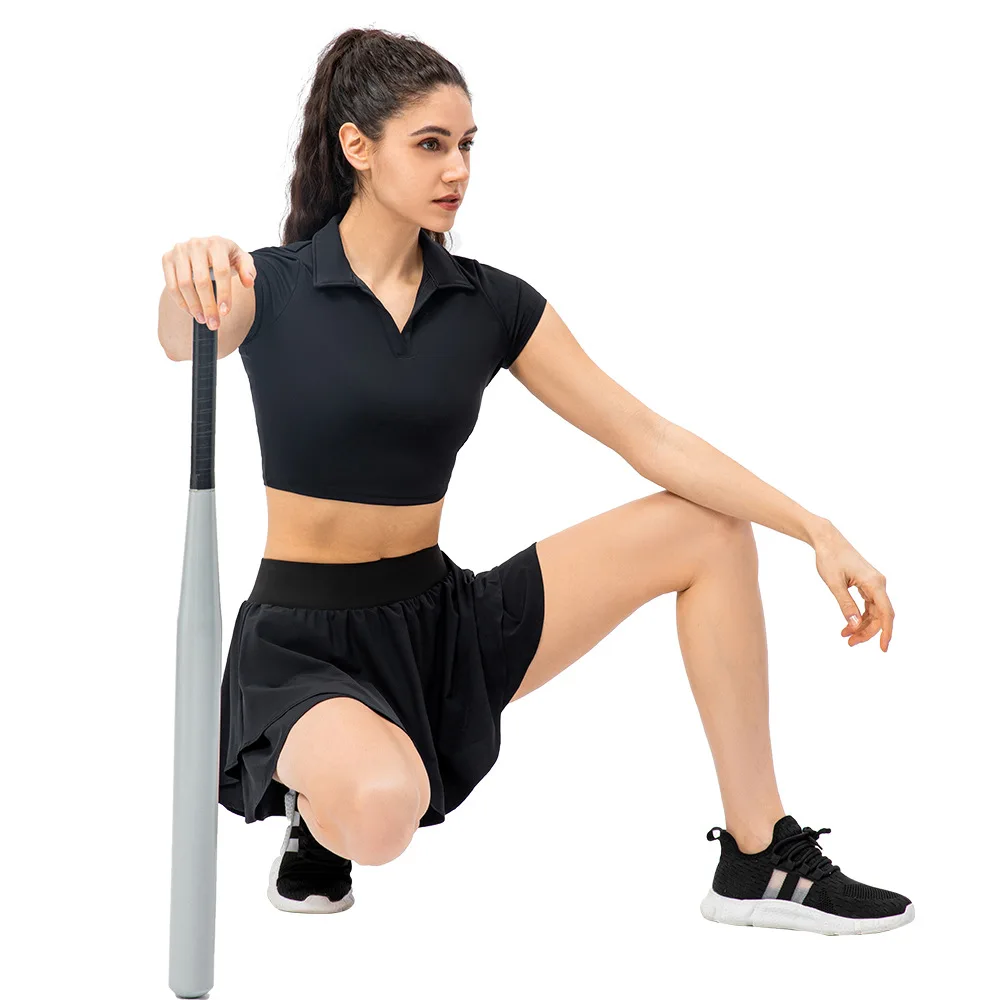 Custom Logo Turndown Collar Quick Dry 2 Piece Golf Women Skirt Set Tennis Wear With Pocket