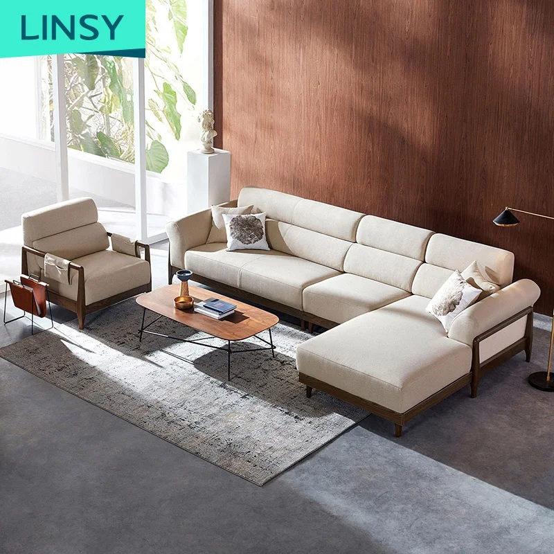 Linsy High Quality Teak Wood Sofa Set Designs Elegance Sofa Set Design Solid Wooden Frame 3+2+1 Wooden Kd Sofa Cover Fabric 1014