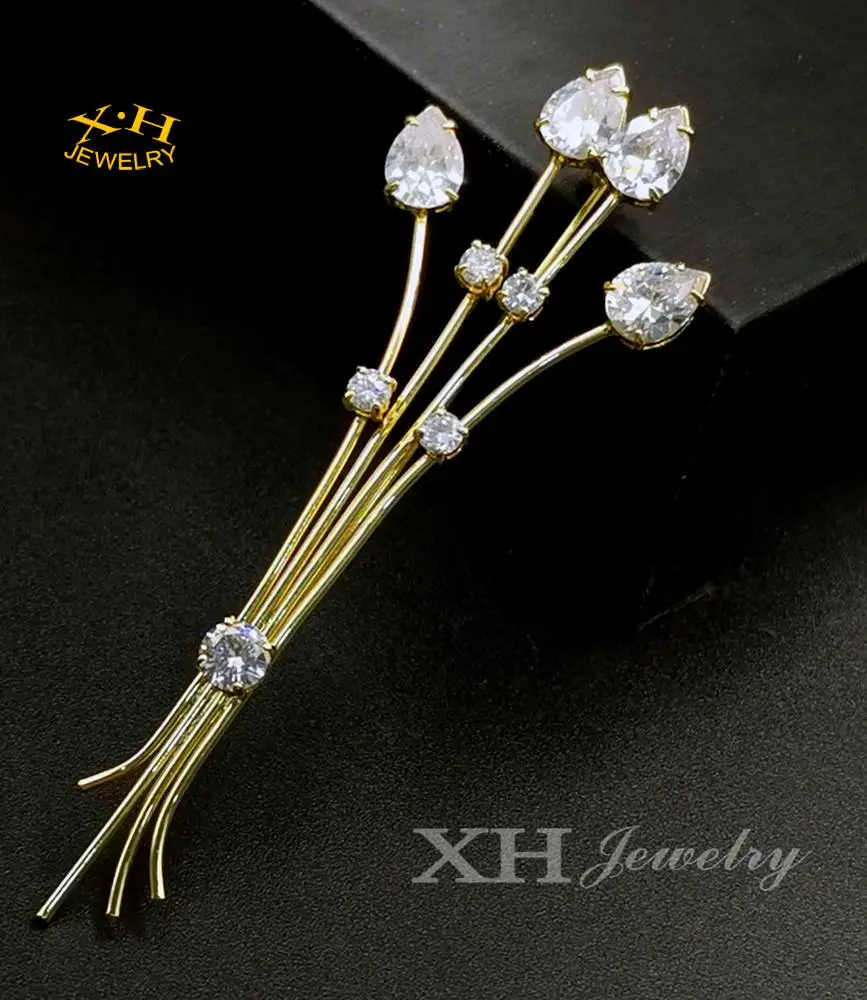 High quality Fashion Custom CZ Diamond Water Drop Wheat Brass Copper Pin Brooch For Women Girls Bridal