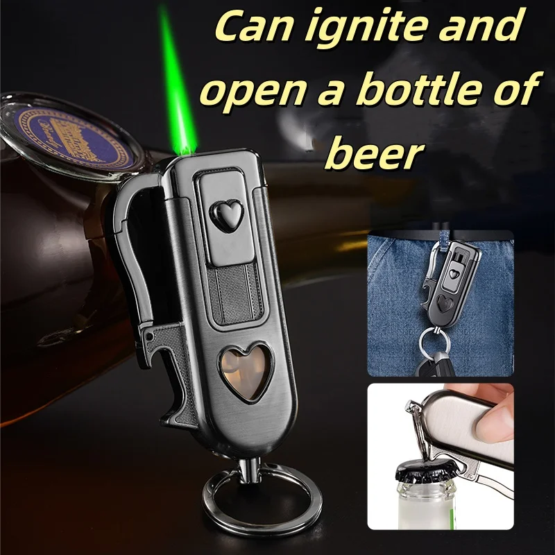 Multi Functional Windproof Lighter, Built-in bottle Opener, Green Flame With Visible inflation Window