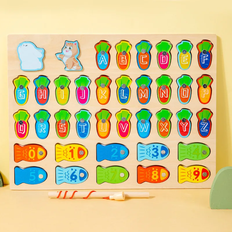 2024 kids funny fish game wooden magnetic fishing toy alphabets and number learning puzzle board preschool educational toy