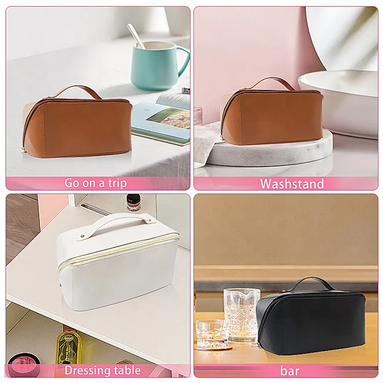 Custom Logo Waterproof  Women Portable Luxury Genuine Large Travel Cosmetic Pillow Wash Pouch PU Leather Makeup Toiletries Bag