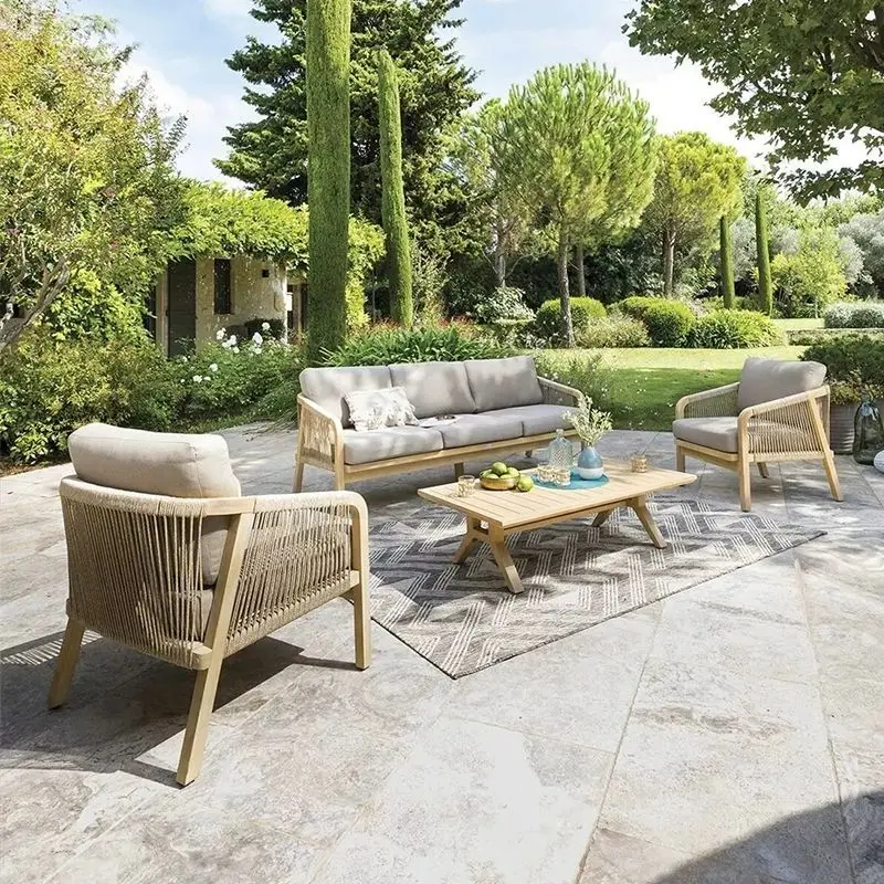 Foshan factory direct high quality patio lounge chair outdoor furniture rope garden teak sofa for hotel