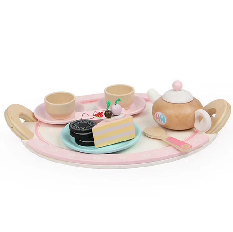 Kids pretend simulation game toy girls wooden play food 12 sets tote cake tea chocolate wood tea toys