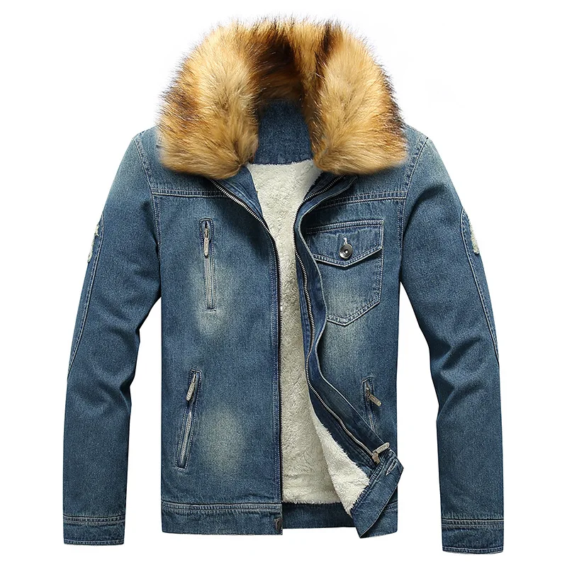 New Design Street Wear Fur Lined Mens Jean Jacket 100% Cotton Winter Warm Black Fitted Jeans For Men Denim Jacket