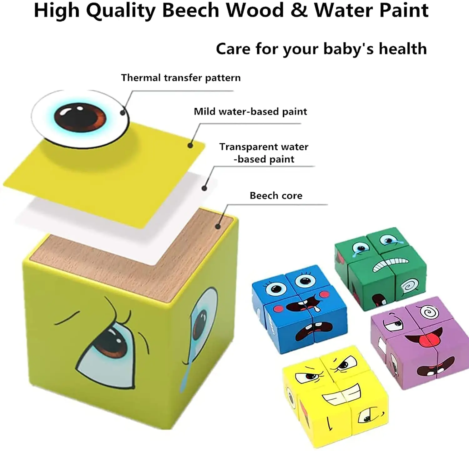 Educational Wooden Expressions Matching Puzzle Face-Changing Magic Cube Building Blocks Game Thinking Training Brain Toy w/ Bell