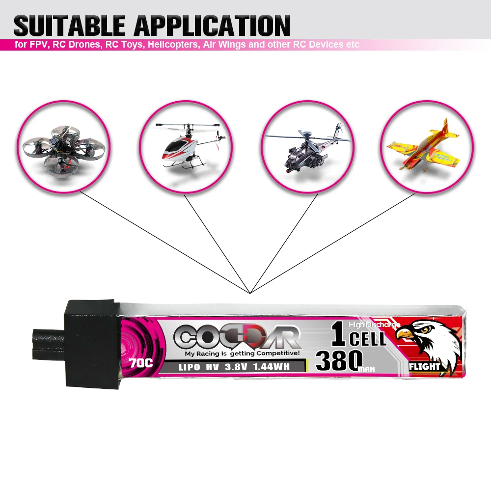 CODDAR LiPo Battery 1S 380MAH 3.8V 70C A30 Connector Plastic Head FPV Drone High Voltage HV LiHV Lithium Polymer