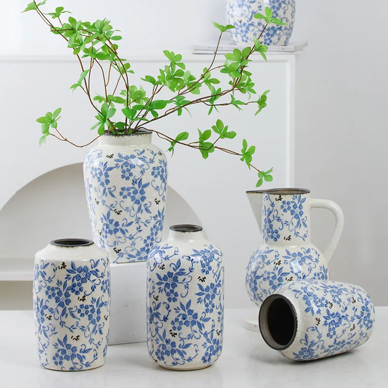 New Chinese blue white porcelain ceramic vase living room retro ice crack ornaments high-grade antique flower arrangement vase