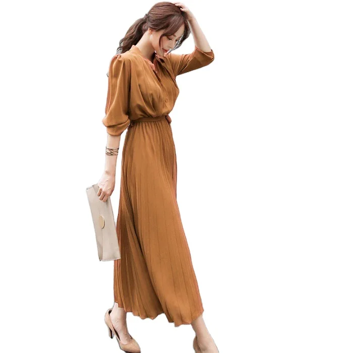 Ladies Round Neck Plain Long Dress Women Long Sleeve Elegant Summer Casual Maxi Chiffon Dresses With Belt
