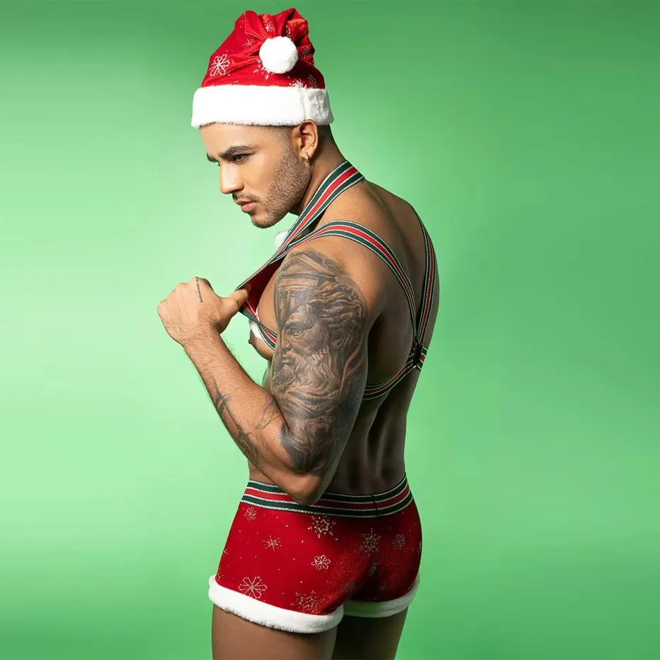 HODEANG Sexy Red Harness Pants Bodysuit Set Men Christmas Cosplay Lingerie