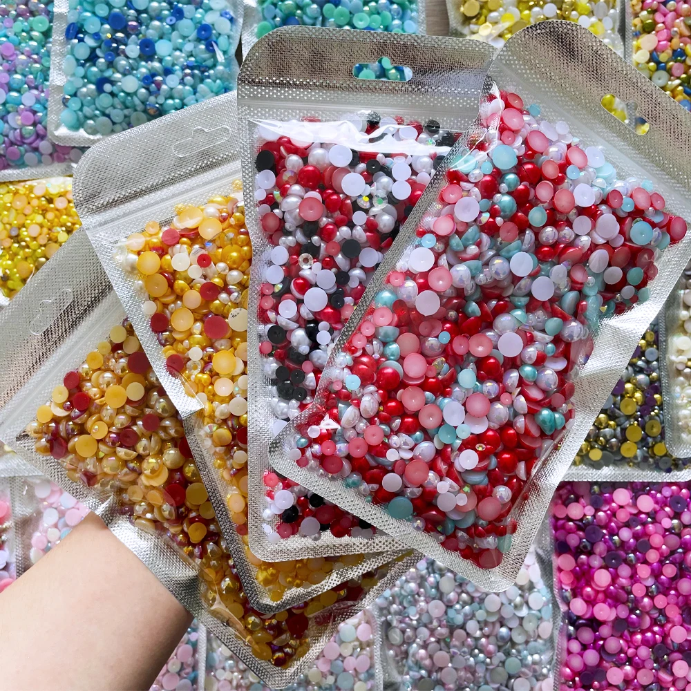 Factory wholesale price Mix Sizes Green Mix Half Round Flat Back Pearls Resin Rhinestones For Handmade DIY Decoration