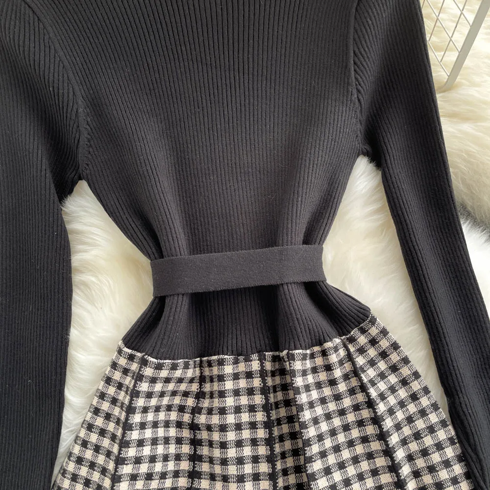 Custom autumn winter long sleeve knit slim collar long French plaid skirt knitted one piece dress