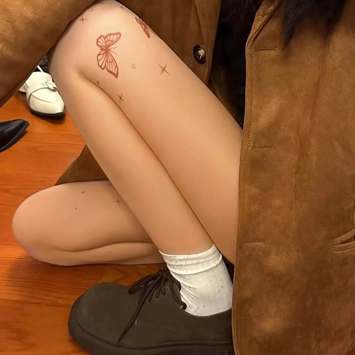 Korean ins Butterfly print JK dress socks anti hook  Transparent Thin Custom Printed Pantyhose 0D silk tights for girls