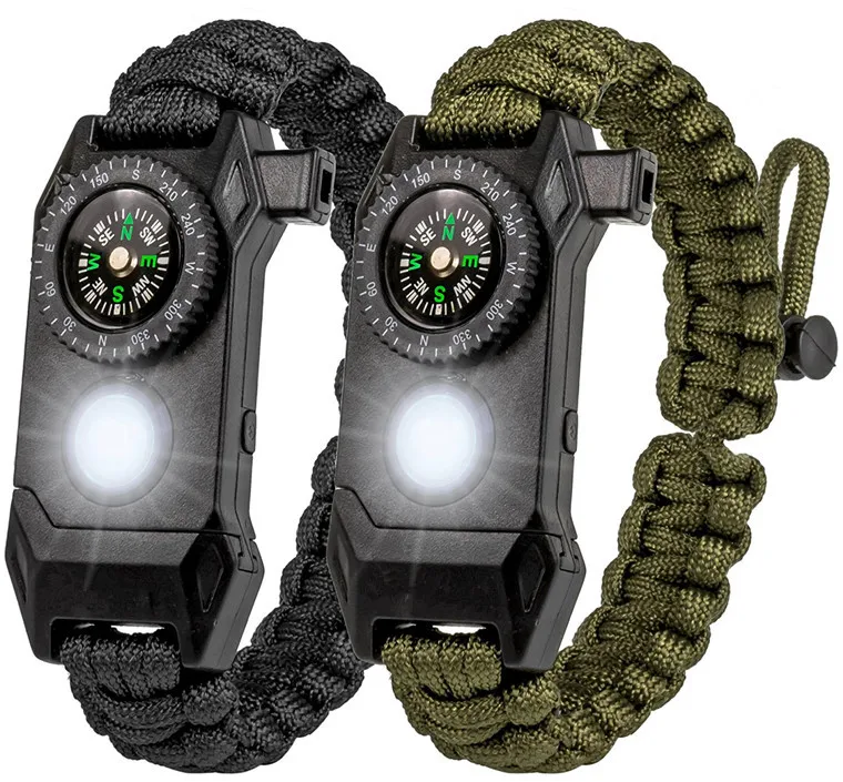 Multifunction LED SOS paracord survival bracelet with led flashlight, compass, firestarter, whistle buckle
